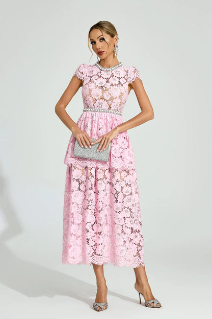 Lucia Pembe Dantel Maxi Elbise