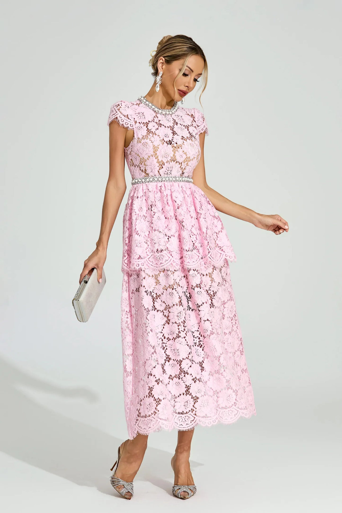 Lucia Pembe Dantel Maxi Elbise