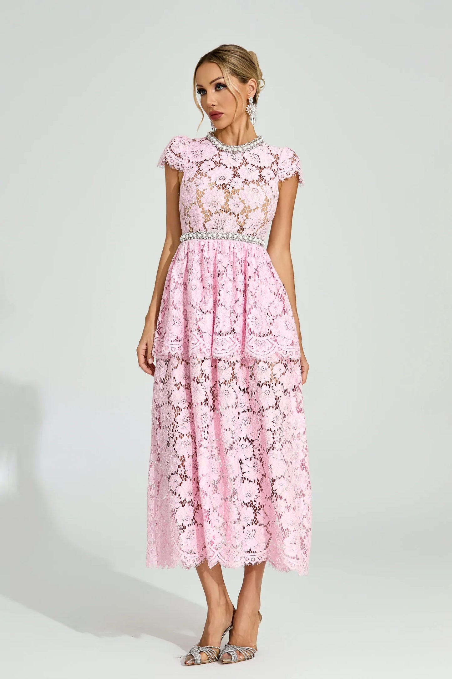 Lucia Pembe Dantel Maxi Elbise