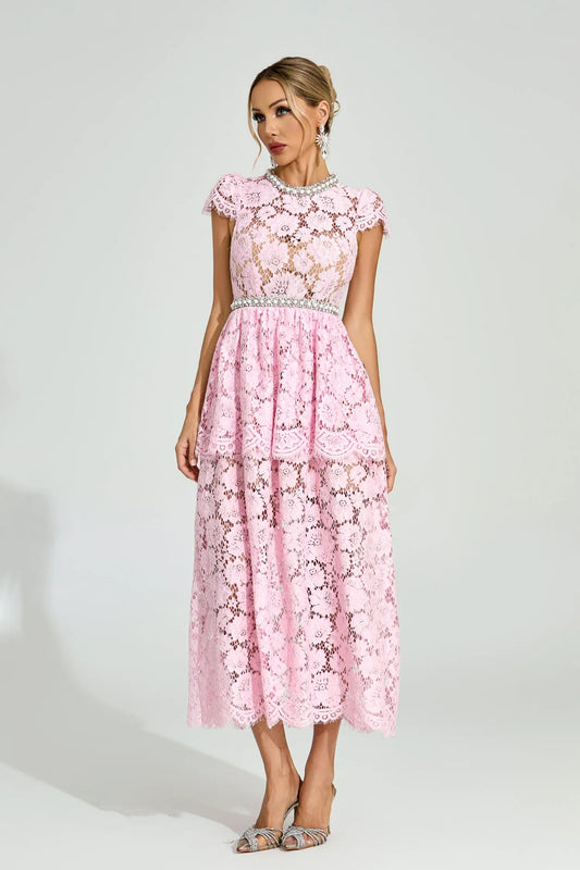 Lucia Pembe Dantel Maxi Elbise