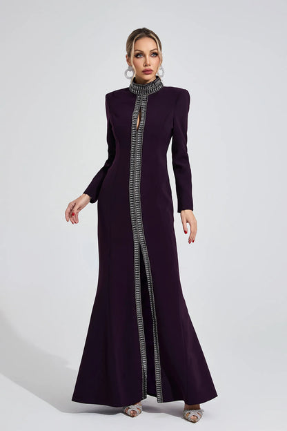 Theodora Koyu Mor Elmas Desenli Maxi Elbise