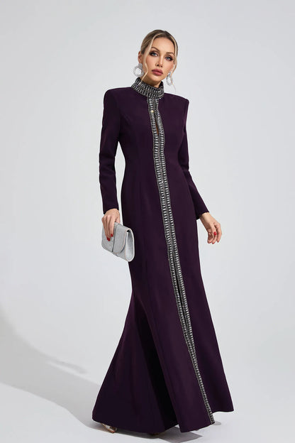 Theodora Koyu Mor Elmas Desenli Maxi Elbise