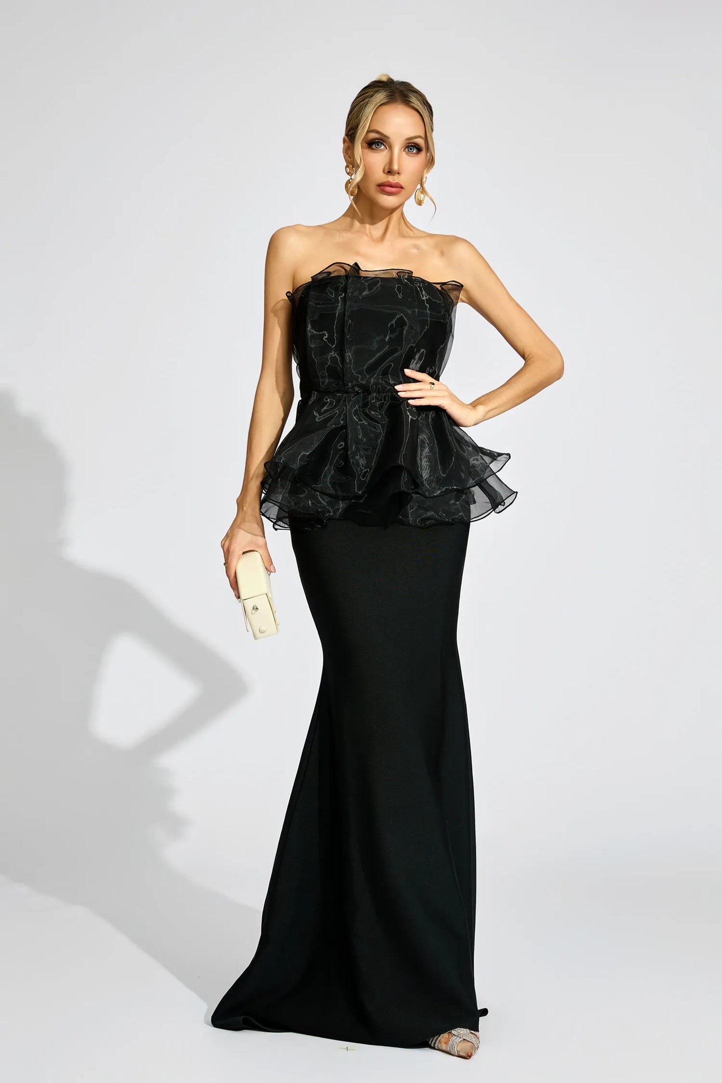 Gloria Siyah Peplum Gece Maxi Elbisesi