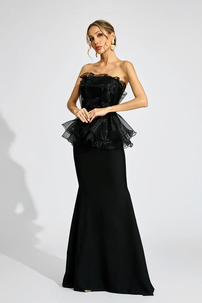 Gloria Siyah Peplum Gece Maxi Elbisesi