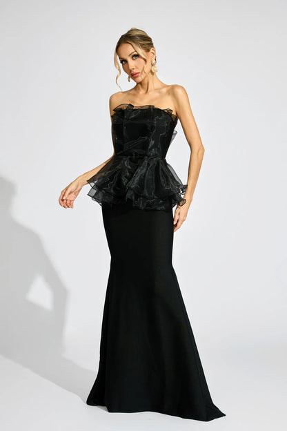 Gloria Siyah Peplum Gece Maxi Elbisesi