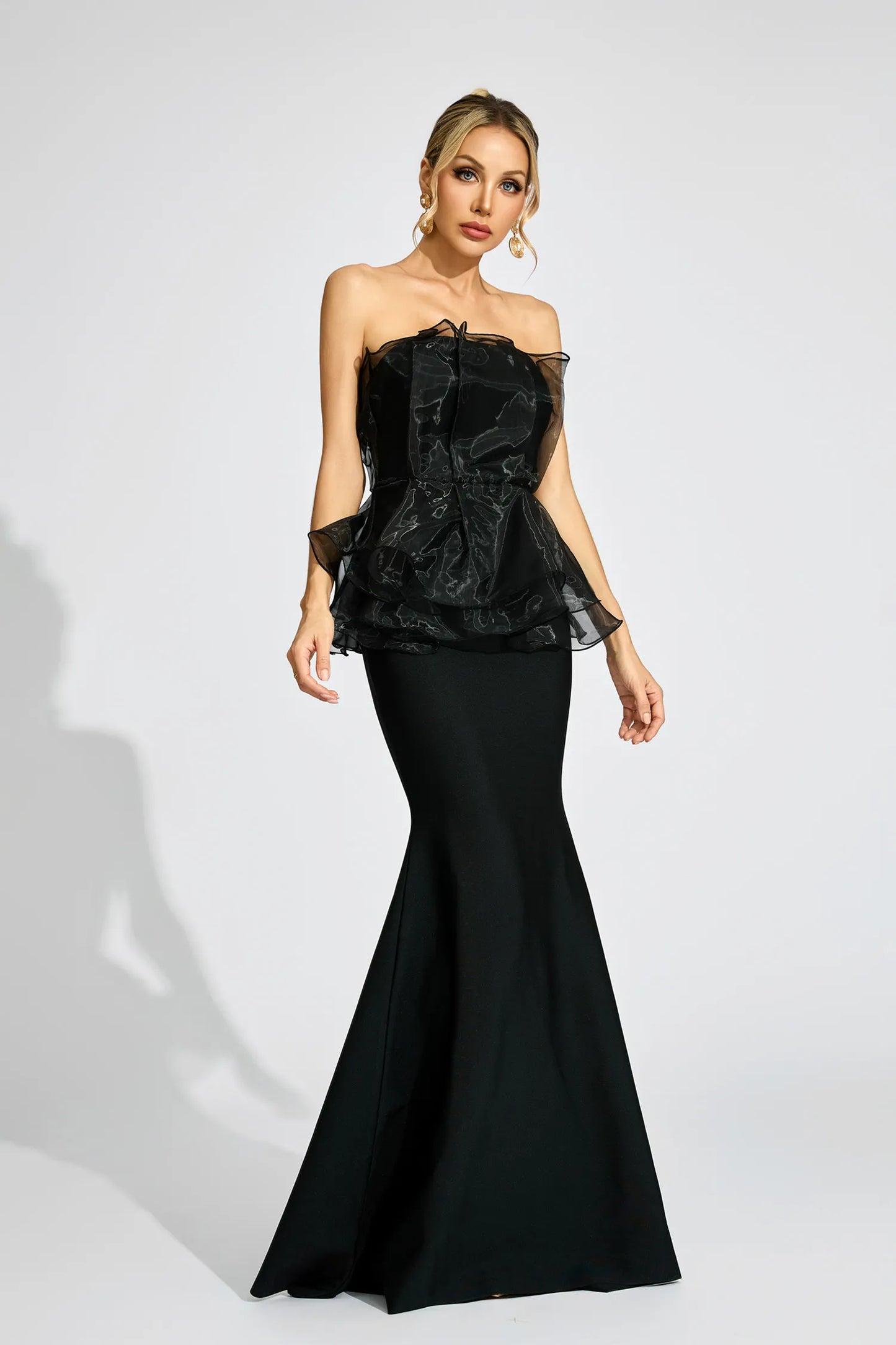 Gloria Siyah Peplum Gece Maxi Elbisesi