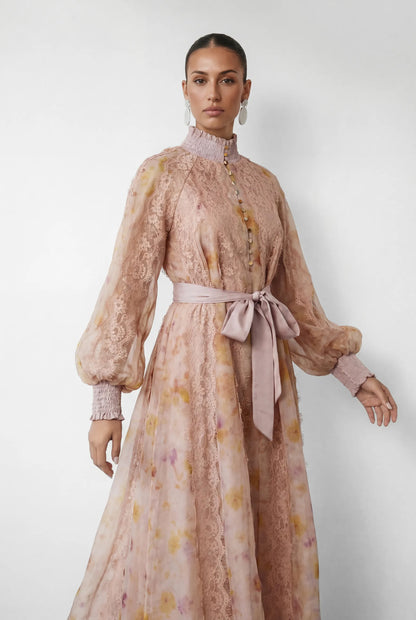 Love Pembe Baskılı Dantel Midi Elbise